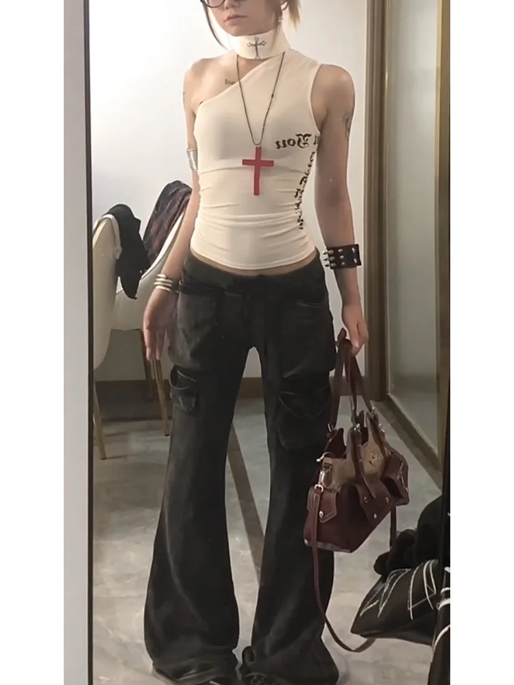 Street Sle American High Street Crossbody Vest Women Summer New Slim Fit Sexy oulder Bared Svel Strap Top