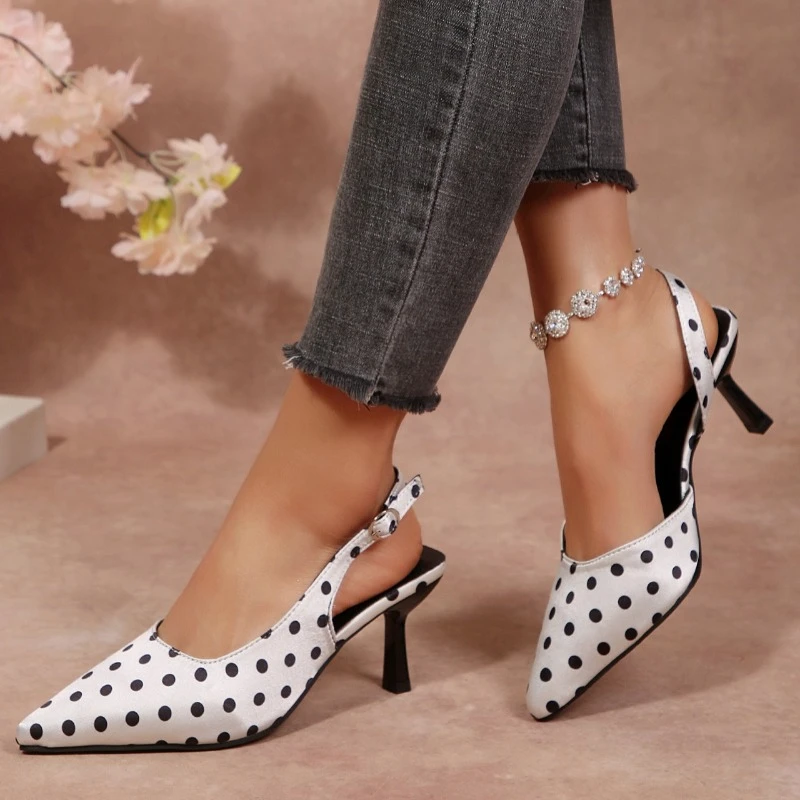

Women White High Heel Sandals Pumps Slingback Shoes Stiletto Heel Fashion Thin Heel Shoes Polka Dots Shoes Party Pumps