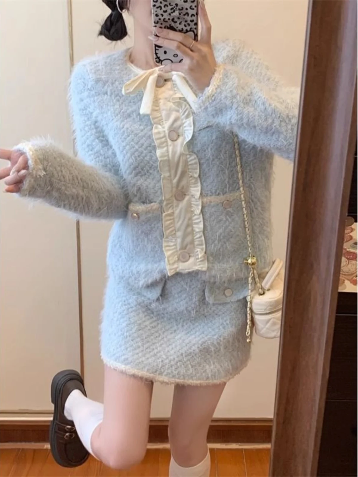 Anti-Aging Beautiful Two-Piece Set Women's Fashionable Autumn Winter Sweater Coat Skirt Ensemble Elegant Youthful Look