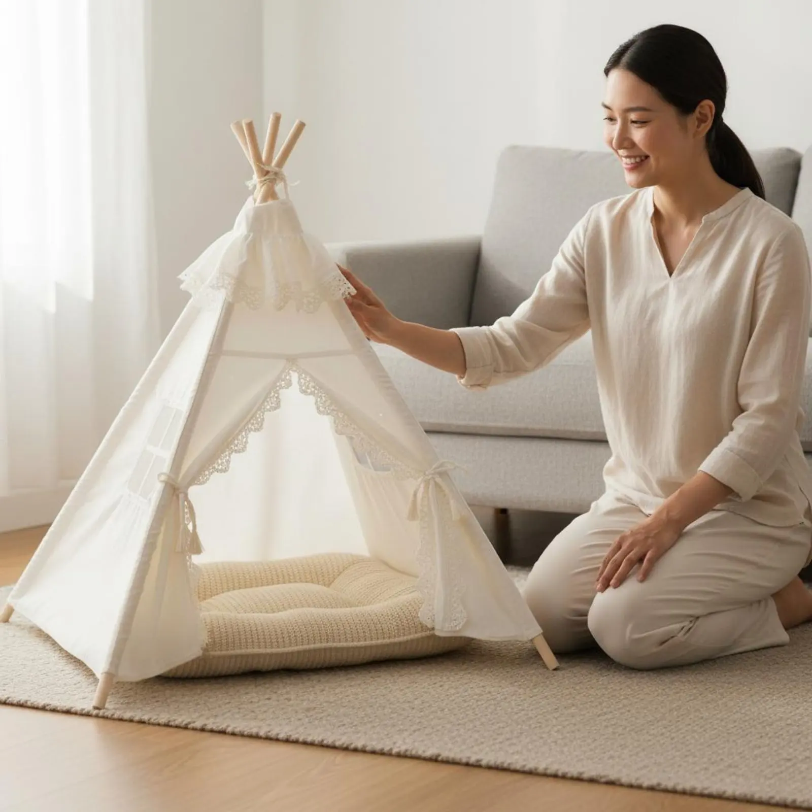 

Pet Tipi Tent All Season Dog Teepee Bed Feline Tent Bed Cute Lace Design Portable Pet Teepee Foldable for Outdoor, Home