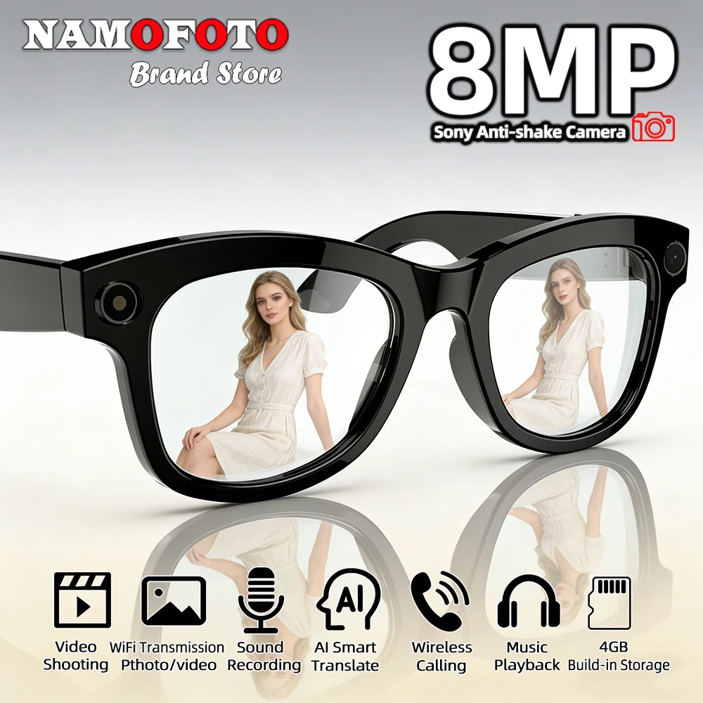 

New AI Smart Glasses 8MP HD Camera 1080P Video Voice Recording SI Real-time Translation Music Play BT Call Sunglasses Men Women