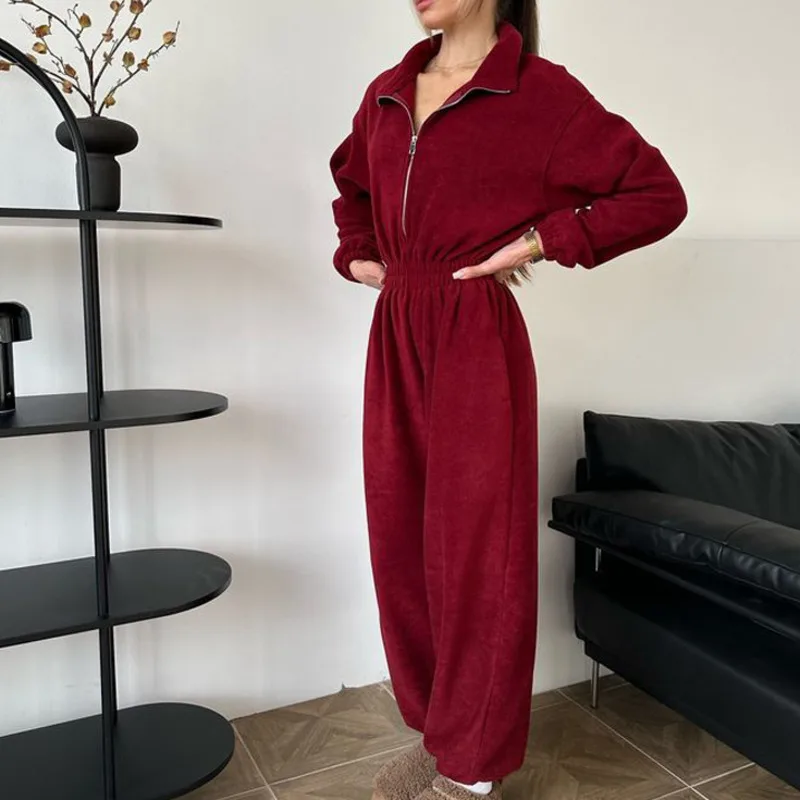 Women’s Spring Autumn Jumpsuit Fashionable Long Sleeve Half Zipper Relaxed Fit Bodysuit With Elastic Waist For Casual Wear New