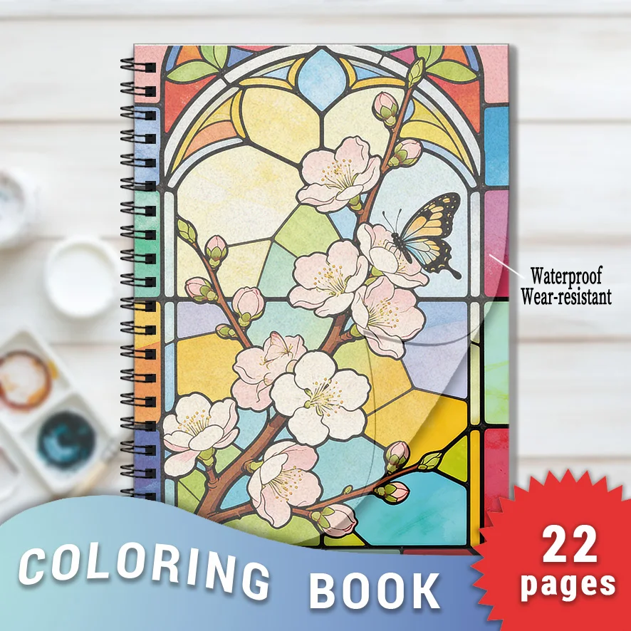 Livre de coloriage pour adultes en vitrail avec motif de fleurs de cerisier et de papillons - 8,3 x 11,2 pouces, 22 pages. Idéal pour admirer les scènes de printemps délicates