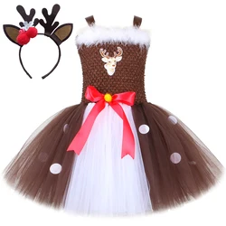 Animal Reindeer Costumes for Girls Christmas Deer Tutu Dress for Kids Birthday Halloween Outfit Children Purim Festival Clothes