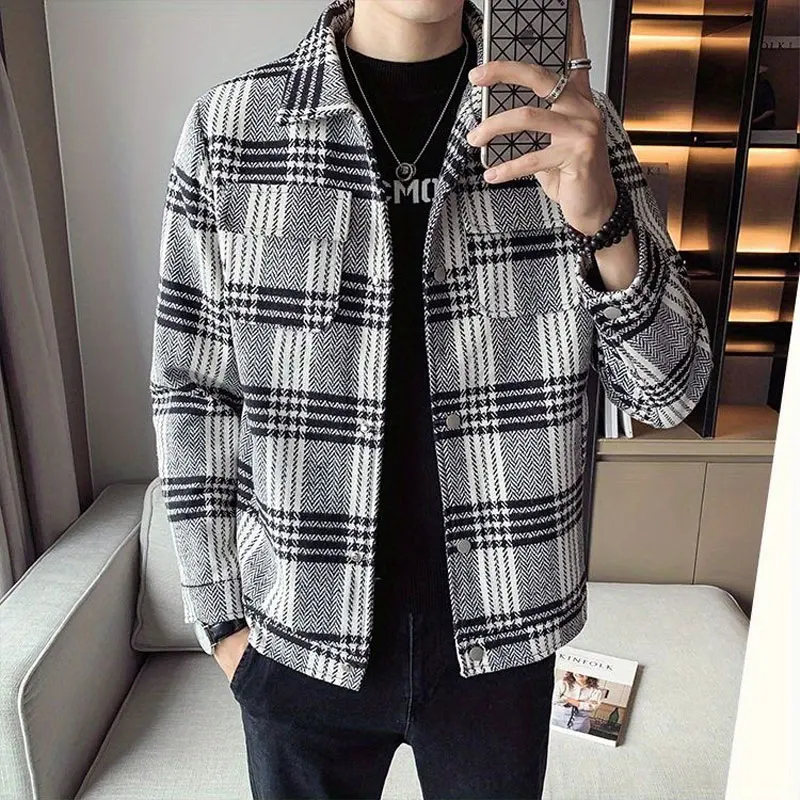 Vintage Fashion Plaid Coats Men's Clothing Turn-down Collar Autumn Winter New Casual Pockets Spliced Long Sleeve Korean Jackets