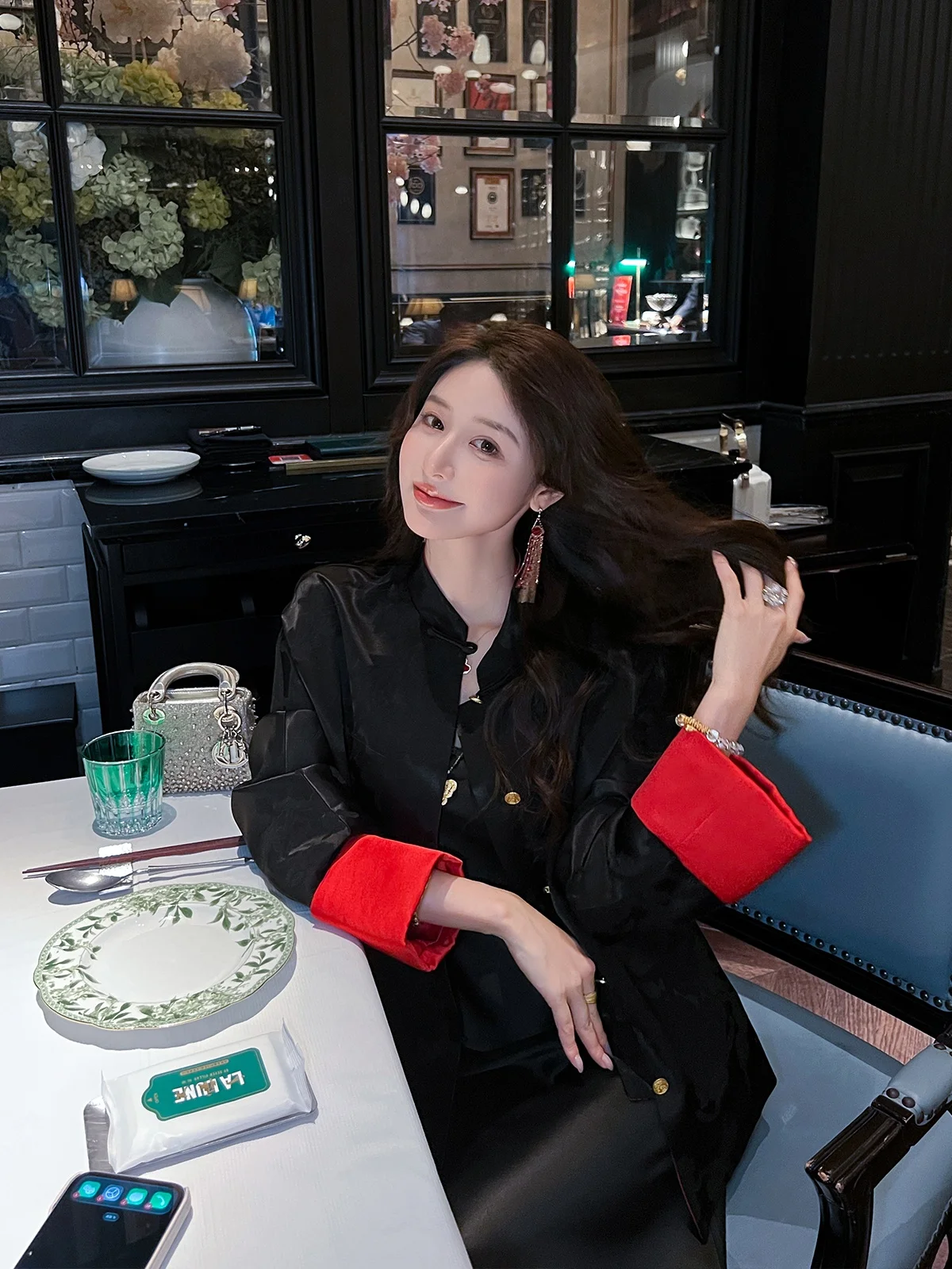 

Silk Embroidered Outerwear Women's Faion Autumn Winter New Sle Contrast Color Button up Coat Warmth Lengthened Sve Lon...