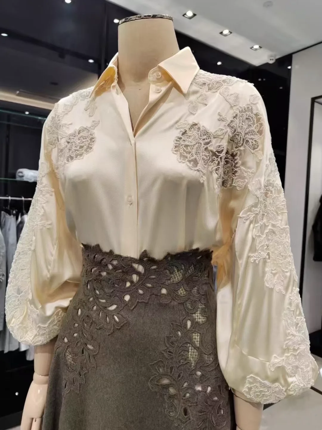 

High Quality Long Shirt Fashion Women's Beige Silk Shirt Elegant Ladies Satin Embroidered Blouse