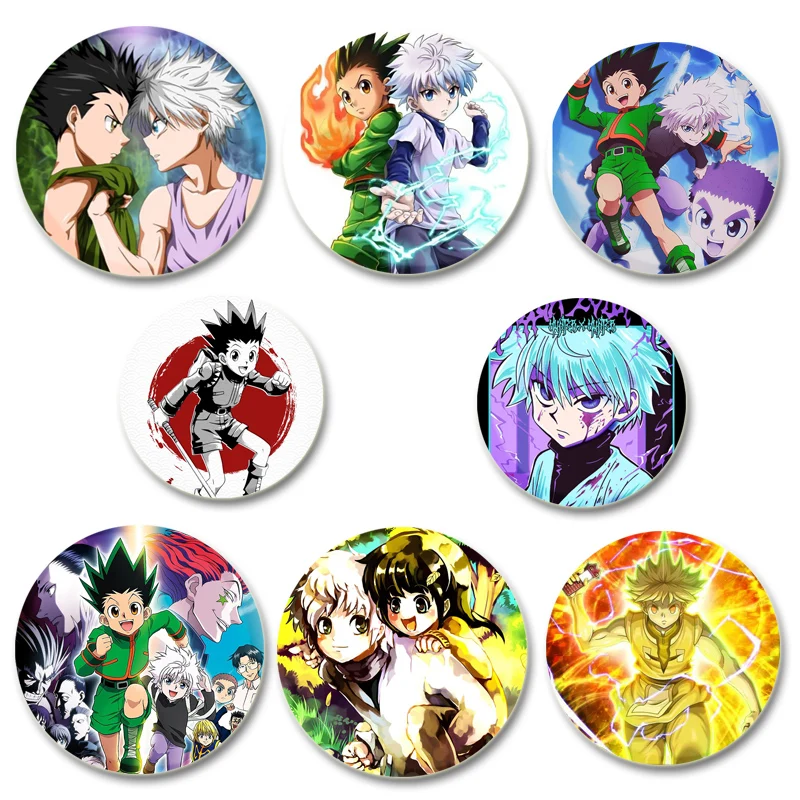 Cartoon Figure GON Killua Kurapika Leorio Round Display Brooches Lapel Pins Hunter X Hunter HD Print Brooch Anime Badge Jewelry