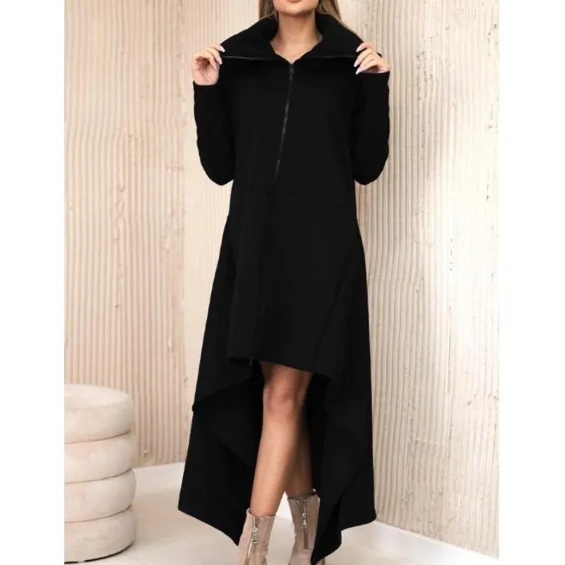 Casual Basic Long Hooded Sweatshirt Autumn Winter Dress Coat Solid color Irregular Hooded Dress with Zipper for Women's Clothing