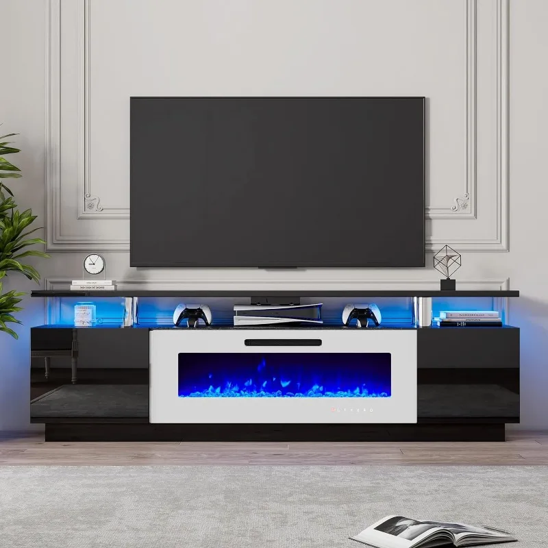 80" Fireplace TV Stand, Modern LED Entertainment Center with 40" Electric Fireplace,High Gloss Finish Media Console with Storage