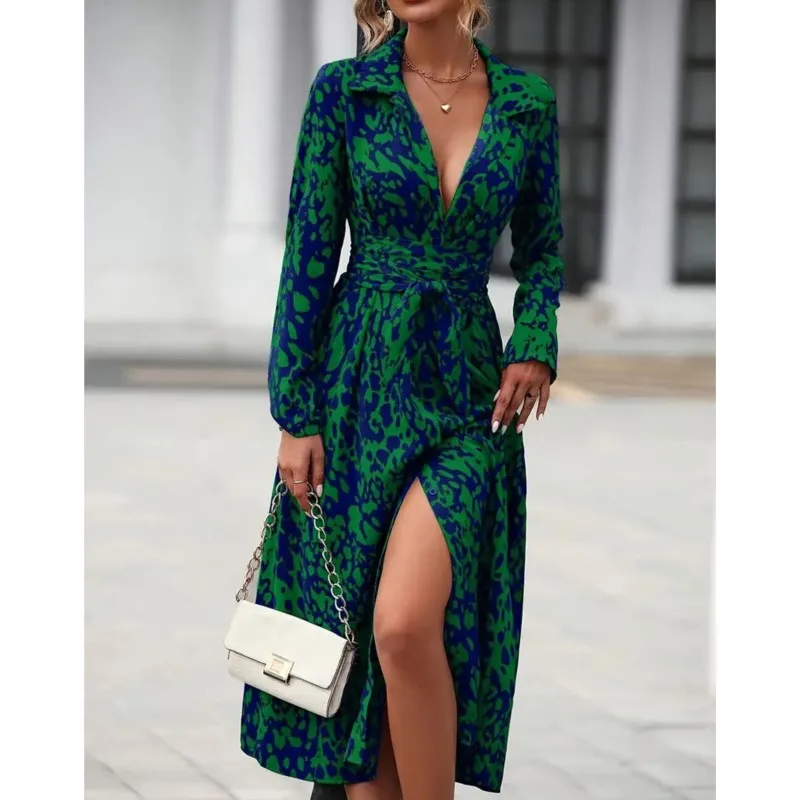 

Women Long Sleeve Elegant Shirt Dress Autumn High Waist Lace-up A-line Leopard Print Midi Dresses Office Ladies Vacation Dress