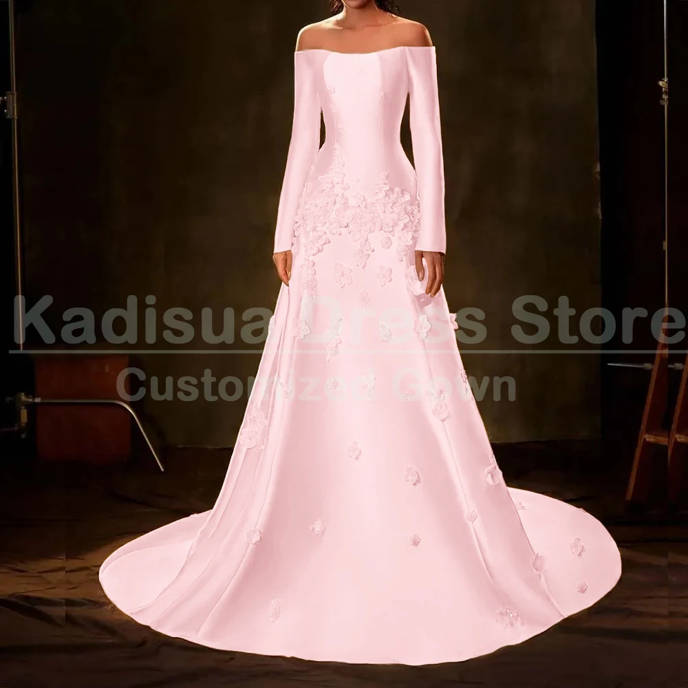 Luxury Appliques Evening Dresses Formal Long Sleeve Chapel Train Boat Neck Gowns Special Occasuin A-Line Birthday Party Dress