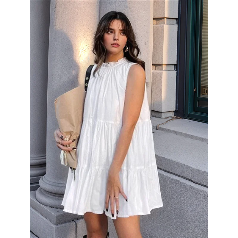 【D75C】Vestidos femininos de verão sem mangas uma linha em camadas balanço mini casual boho praia férias vestido de verão