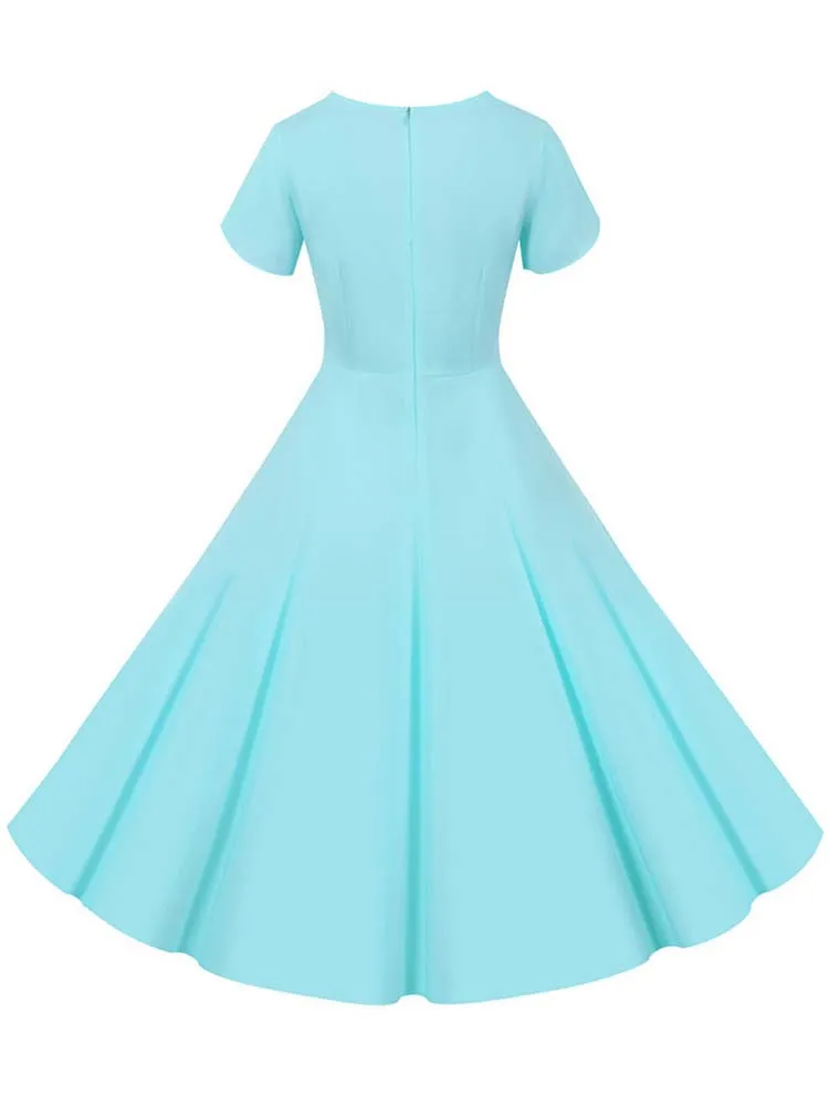 Women\'s Solid Color V-Neck Midi Dress Casual Vintage Retro Party Sundress Elegant Summer Robe