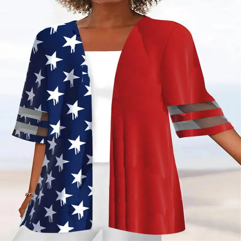 Plus Size Women Half Sleeve Scoop Neck Striped Colorblock National Flag Two-Pieced Tops