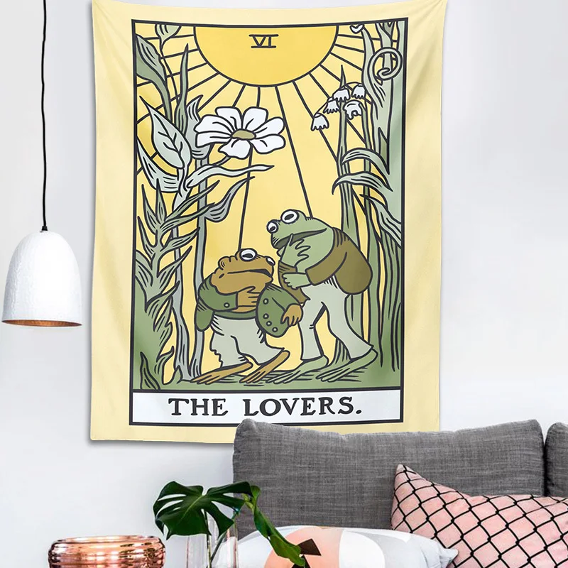 1pc Psychedelic Frog Tarot Tapestry - The Lovers Sunflower Design, Botanical Hippie Wall Art for Living Room/Bedroom/Dorm