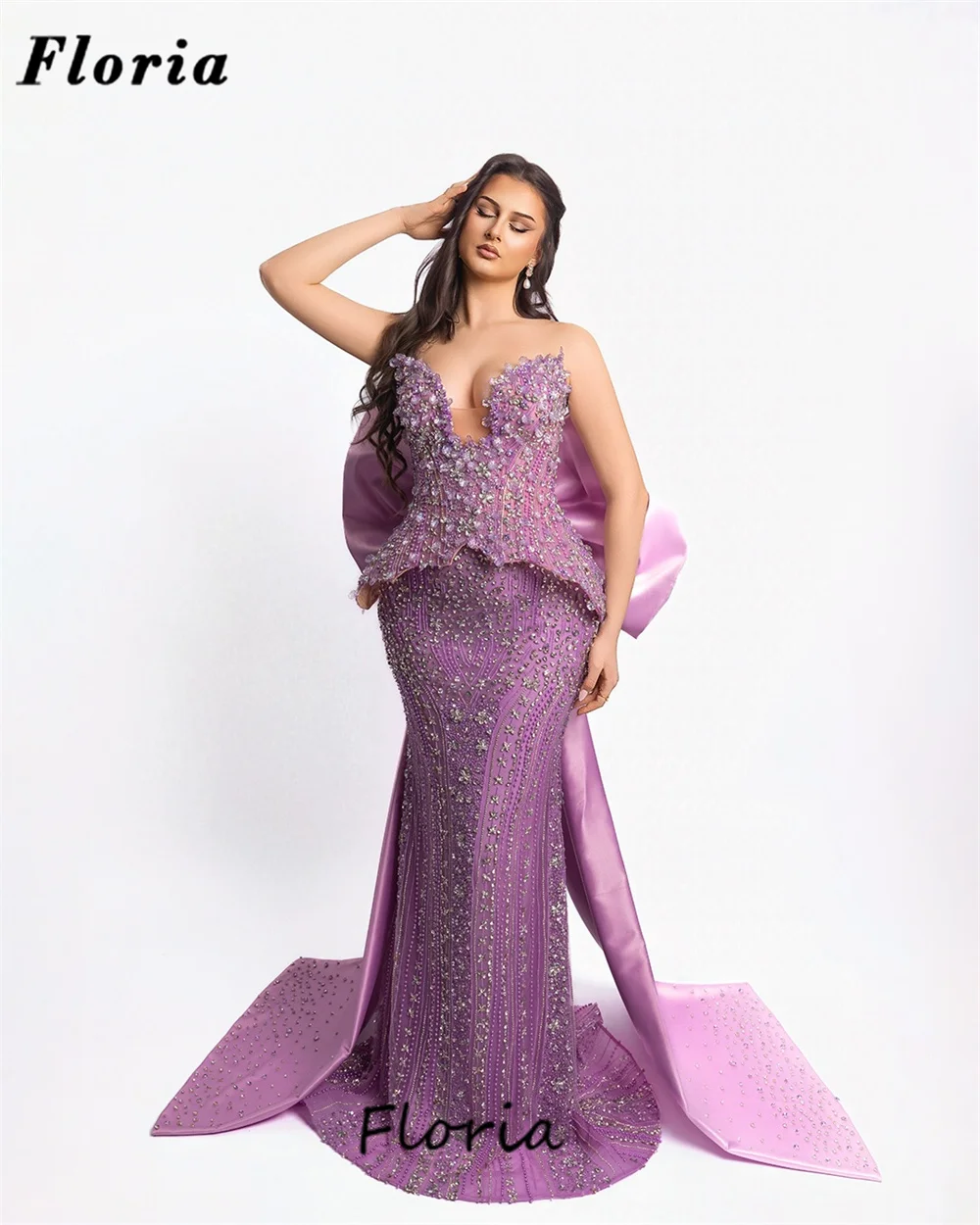 

2026 Purple Full Beaded Evening Dresses Robes De Soiree Back Bow Long Train Formal Prom Dress Wedding Party Gowns Customized