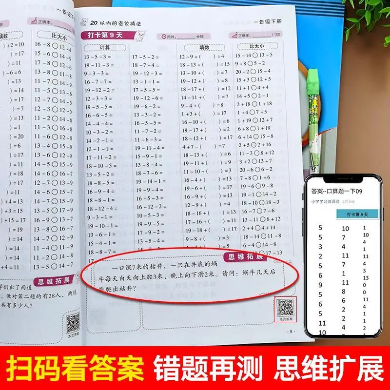 Tarjeta de preguntas de matemáticas orales de 1 grado, Volumen 2, práctica de cálculo todos los días, 100 libros de ejercicios de entrenamiento de pensamiento matemático