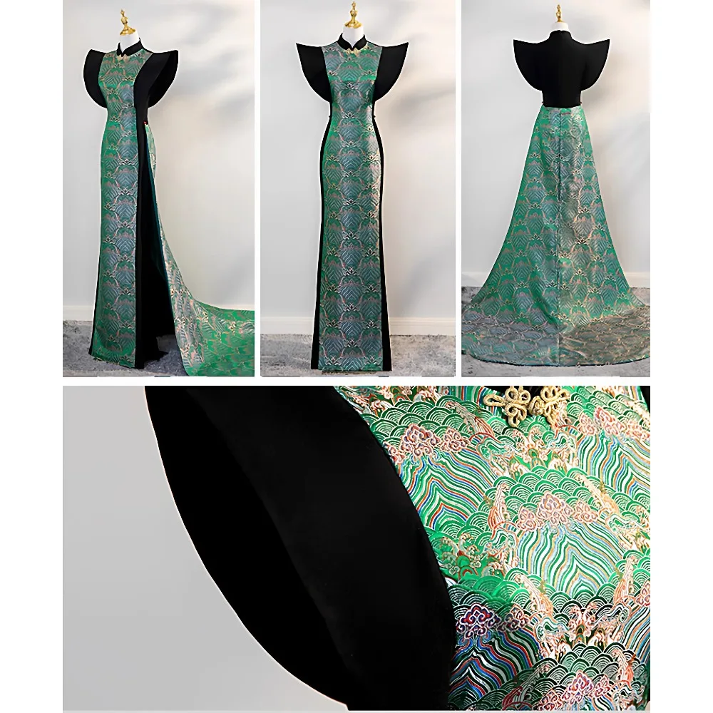 Nuevo Vestido Cheongsam Verde Chino 2025 Elegante para Pasarela con Cola para Equipo de Modelos