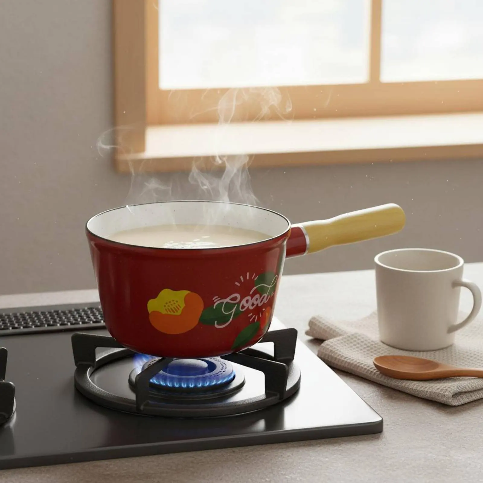 Japanese Design Enamel Pot Thickened Structure Enamel Milk Pot Single Handle Saucepan Easy to Clean Butter Warmer Pouring Spout view 6