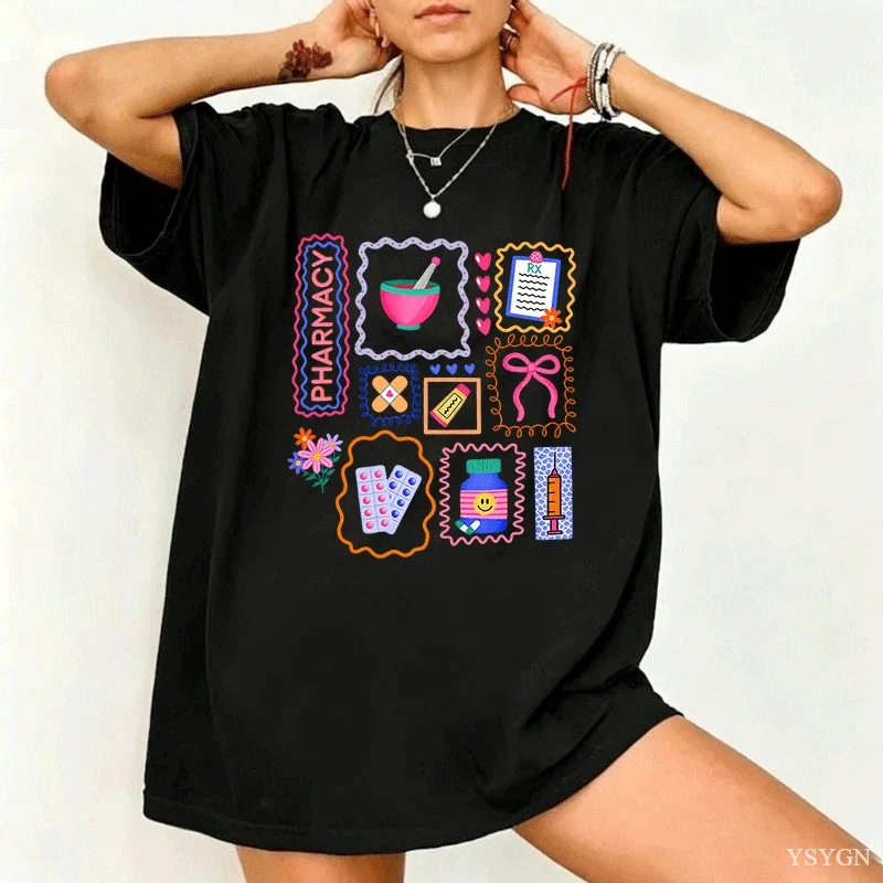 Women Back To School Stamp Graphic T Shirt Crayon Rainbow Book Print Short Sleeve Tops Cotton Teacher Gift Summer Daily Wear