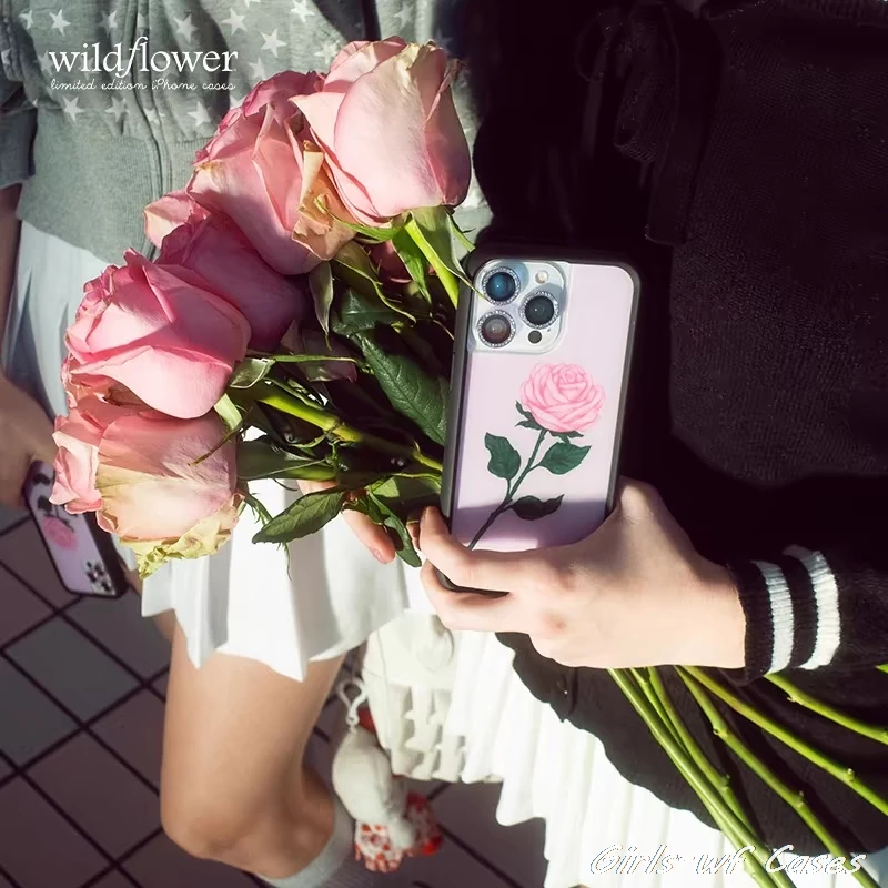 Rosa rosa flor selvagem caso de telefone para iphone 11 12 13 14 15 16 pro max plus 16pro 16plus meninas flores wf flor capa funda