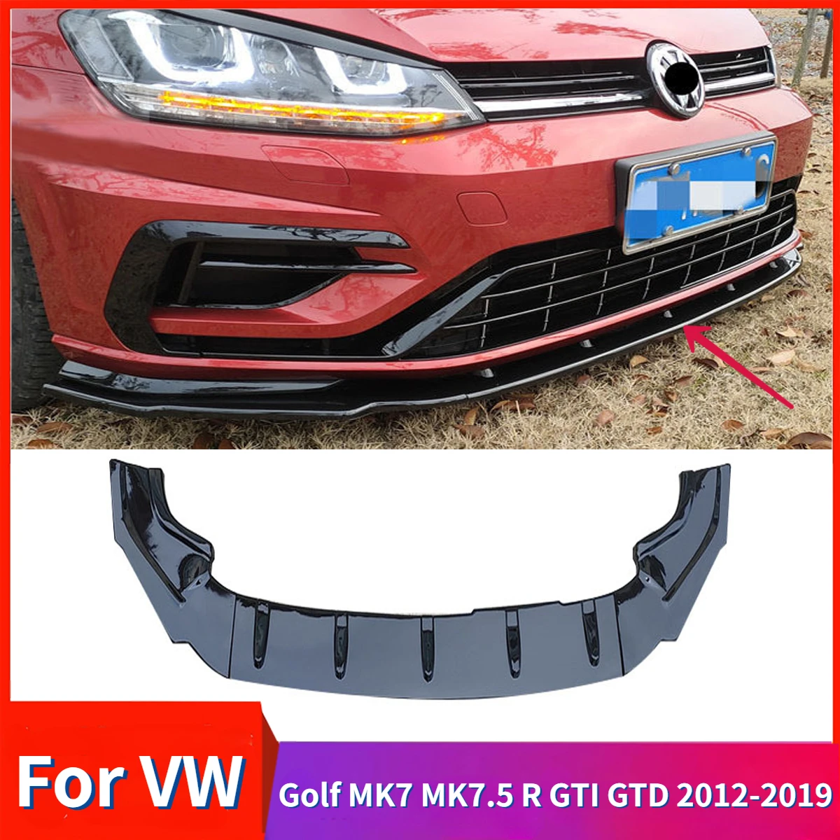 

3Pcs Car Front Bumper Splitter for Volkswagen Golf MK7 MK7.5 R GTI GTD RLine 2012-2019 Lip Spoiler Diffuser Body Kit Accessories