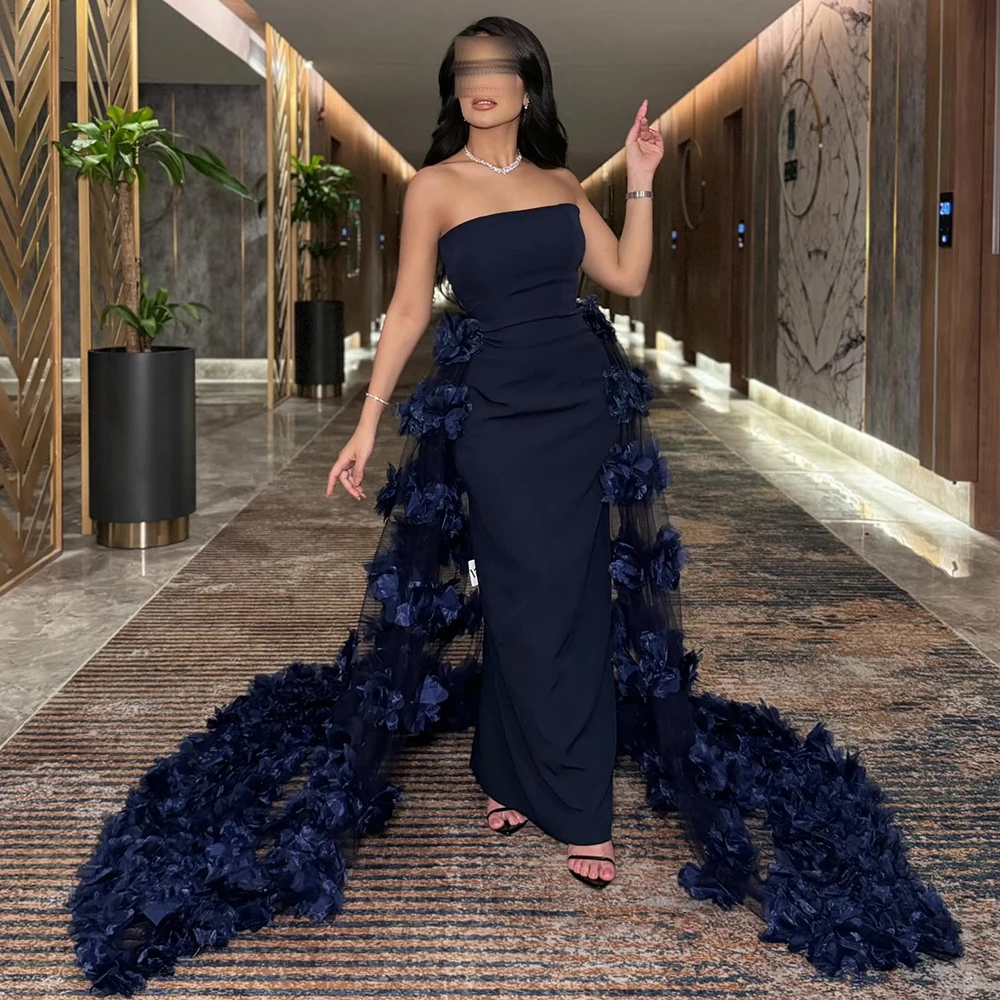 

Customized Strapless Navy Blue Jersey Straight Evening Dress Flower Appliques Watteau Train Party Dress Ankle Length Prom Gown