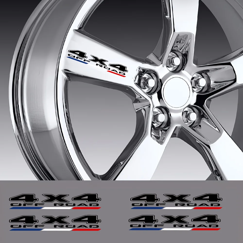 4Pcs 4X4 Off‑Road Vinyl Stickers, Shiny Red‑White‑Blue Decals for Car Motorcycle Wheel Rim Sport Exterior Decor