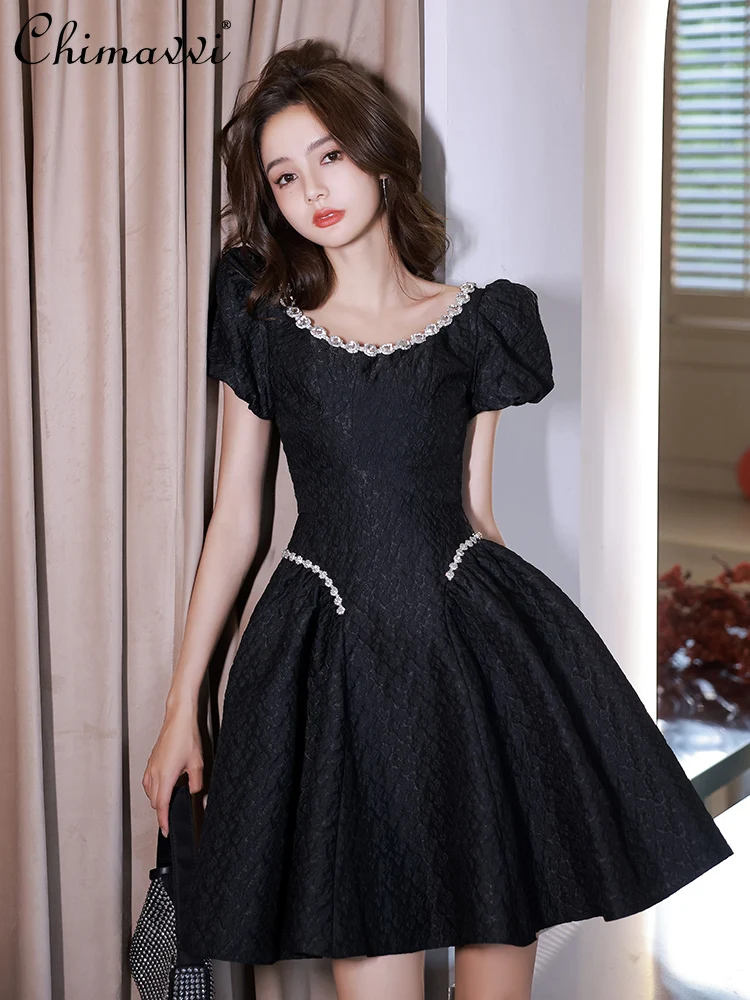 

French Style Black Evening Dress Diamond Square Collar Puff Sleeve Backless High Waist A-Line Slim Princess Birthday Dress Women