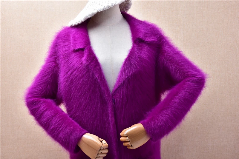 Women Mujer Autumn Winter Clothing Purple Mink Cashmere Knitted Suit Collar Long Sleeves Loose Cardigans Angora Sweater Jacket