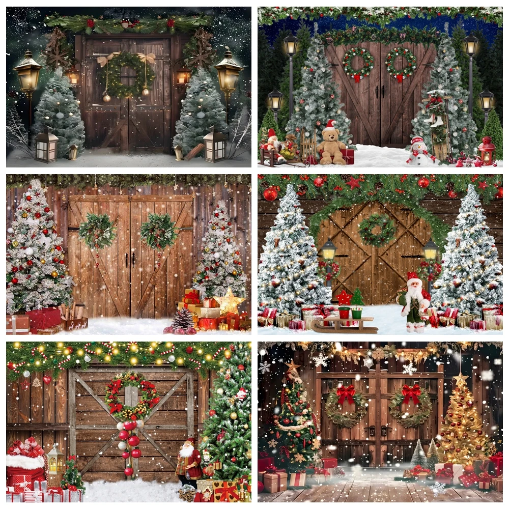 

Christmas Photography Backdrop Winter Xmas Tree Wooden Door Wreath Snowflake Gifts Kids Family Portrait Photo Background Decor