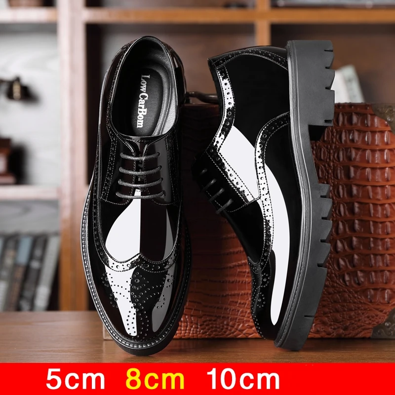 Luxury Men Brogues Patent Leather Elevator Shoes Man Height Increase Insole 8cm/10cm Black Formal Business Wedding Men Shoes New