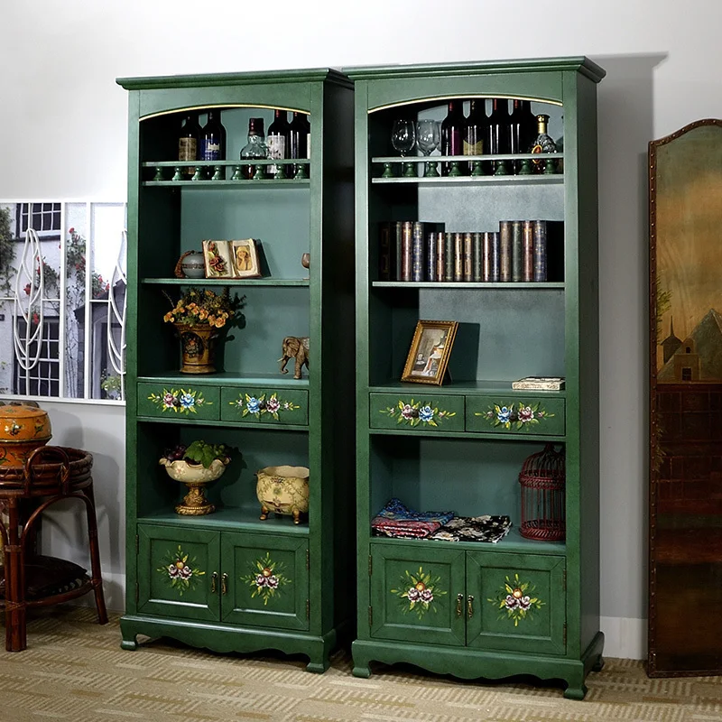 

American rural solid wood bookcase bookshelf study retro file figure home display side cabinet storage high cabinet