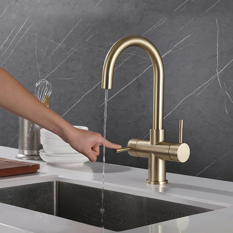 New Home Direct Drinking Pure Faucet Set 304 Brushed Gold Cold and Hot Dual Use Kitchen Boiling Water Faucet