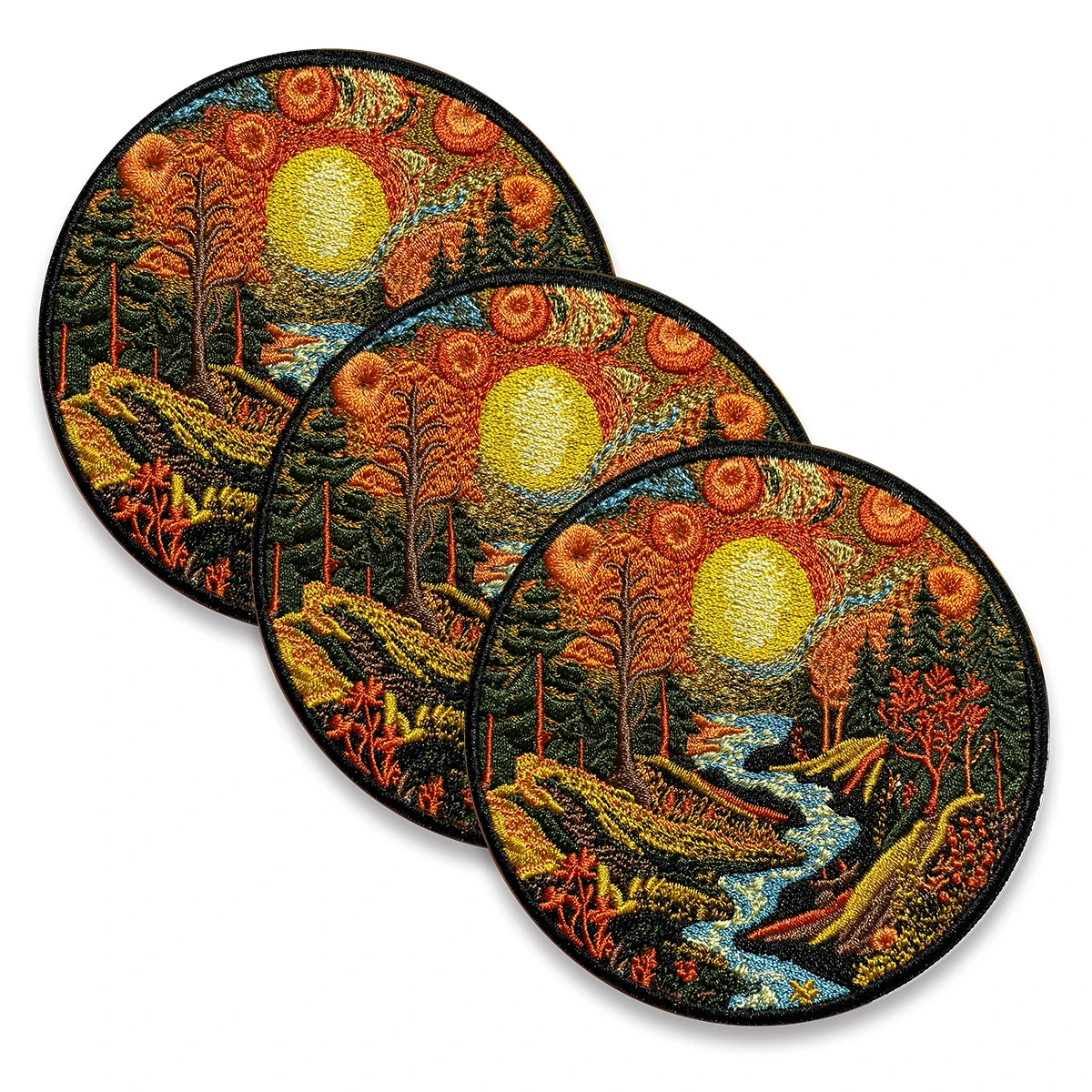 Orange Sunset Landscape Embroidery Patches for Clothing Aesthetic Nature Scenery Creek Maple Leaf Garment Sewing Full Embroidery