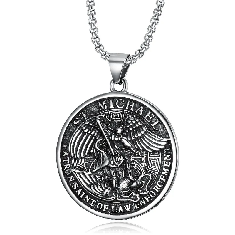 Retro Archangel Michael Figure Pendant Necklace Alloy Material Belief Theme Neck Ornament For Men Religious Gift Jewelry view 2