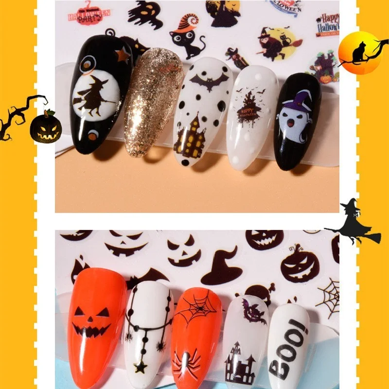 New 1 Sheet Halloween Pumpkin Nails Black Ghost Stickers Nail Art Decals Spider Cool Spooky Slider Wraps Nail Decor Manicure