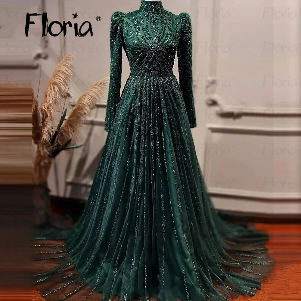 Emerald Green Muslim Mermaid Elegant Evening Dresses Gowns 2025 Beaded Luxury For Women Party Dubai Plus Size Robe