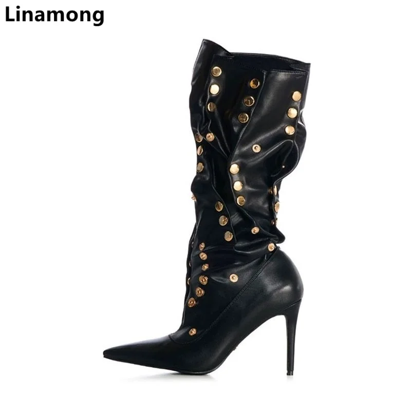 

Pointed Button Sleeve High Boots Foreign Trade Rivets Loose Fit Large Circumference Pleats Slim High Heels Fashion Stack Boots