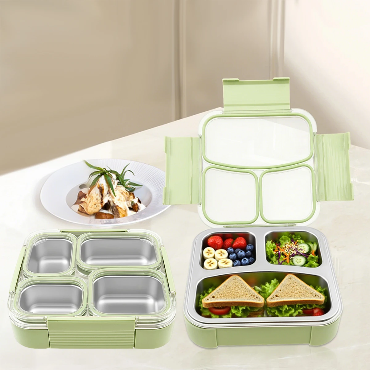 

4/3 сетки, ланч-бокс из нержавеющей стали, коробка для еды с крышками, контейнер для хранения закусок и фруктов для школы, офиса, кемпинга, пикника