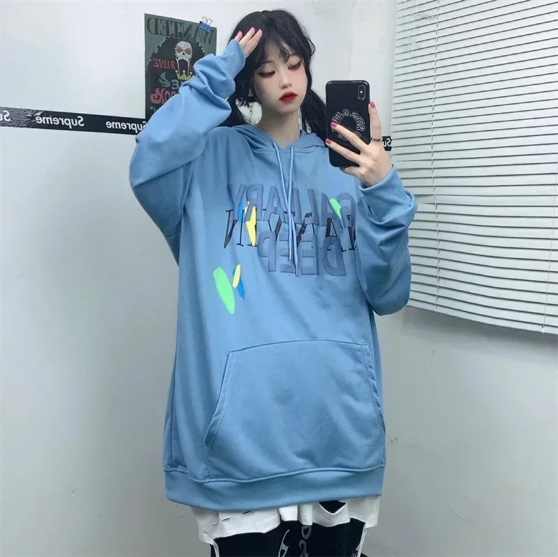 Korean Spring Autumn Letter Print Hooded Sweatshirt Women Fashion Harajuku Oversized Hoodie Tops Loose Y2k Hoodies Women Clothes