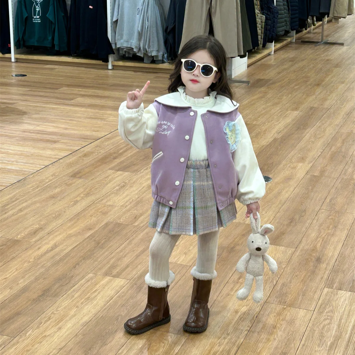 Girls Coat 2024 Winter New Childrens Clothing Korean Style Girl Baby Foreign Cartoon Plus Velvet Baseball Clothes Casual Simple