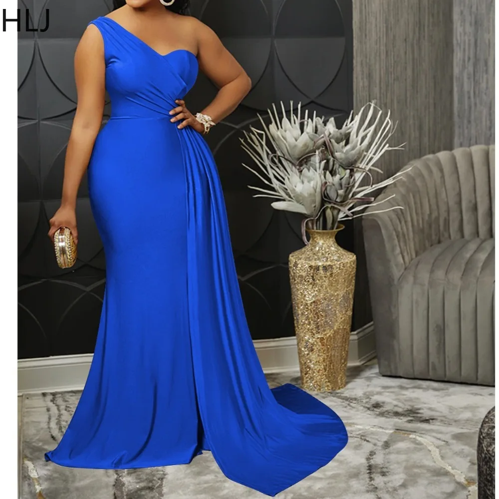 فساتين طويلة أنيقة بفتحة عالية من HLJ للنساء بلون واحد بكتف واحد بدون ظهر فستان نسائي لأعياد الميلاد والنوادي جديد