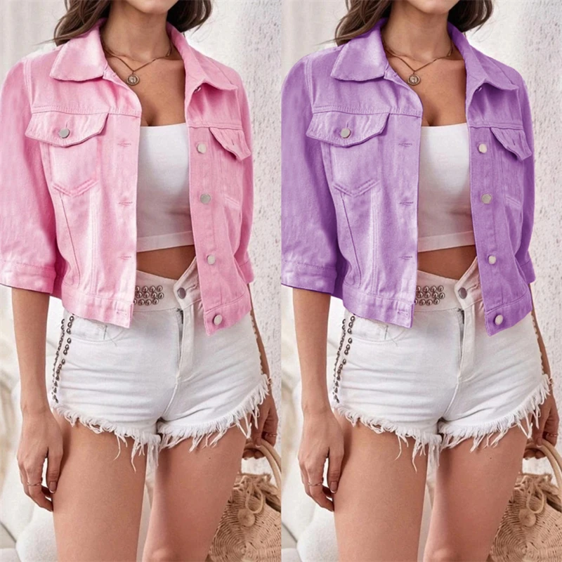 2025 Spring Autumn Cowboy Coat New Women Cropped Sleeve Short Women Denim Jackets Single Breasted Lapel Female Outwear Tops