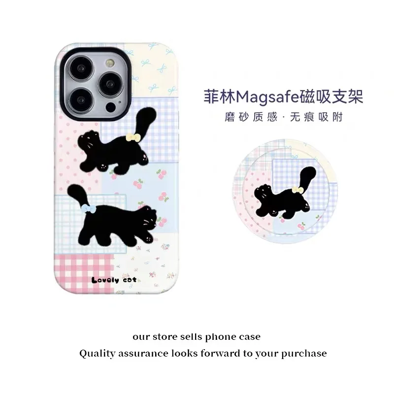 

Cute Black Cat with Checkered Flowers Case for IPHONE 17 16ProMax 15 14 13 12 11 PRO Acrylic TPU Two in One Magnetic Phone Cases