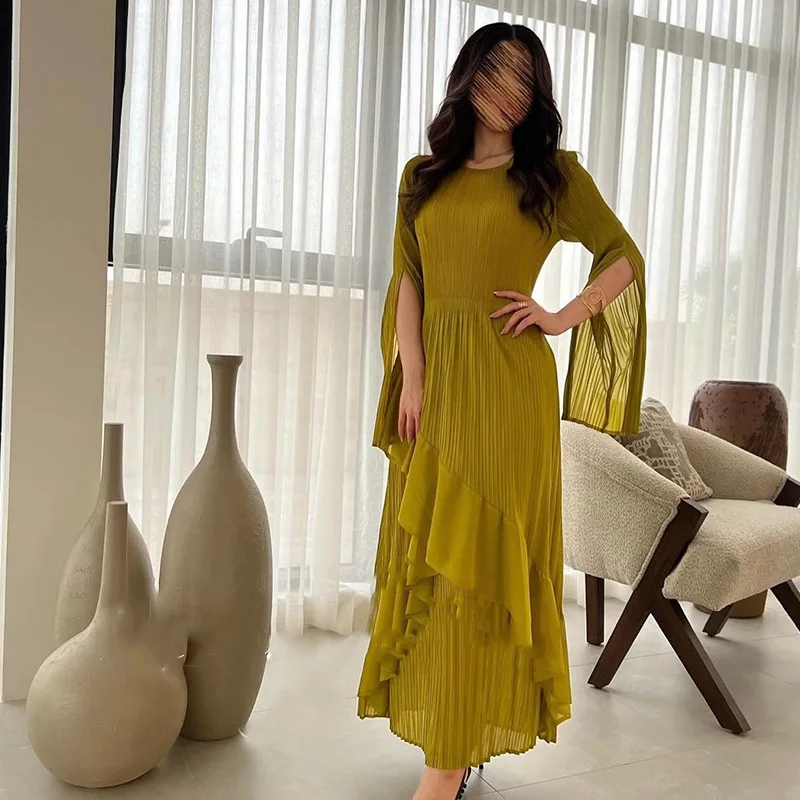 Split Sleeve Solid Color Dress 2024 Autumn New Large Size Women's Clothing Women's Clothing High-end Pleated Dress