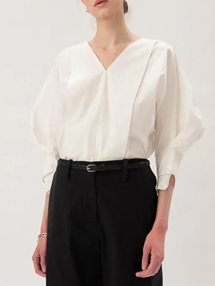 

2023 New Women's V-Neck Pullover Shirt Three Quater Sleeve Elegant Ladies Loose Simple Blouse and Tops