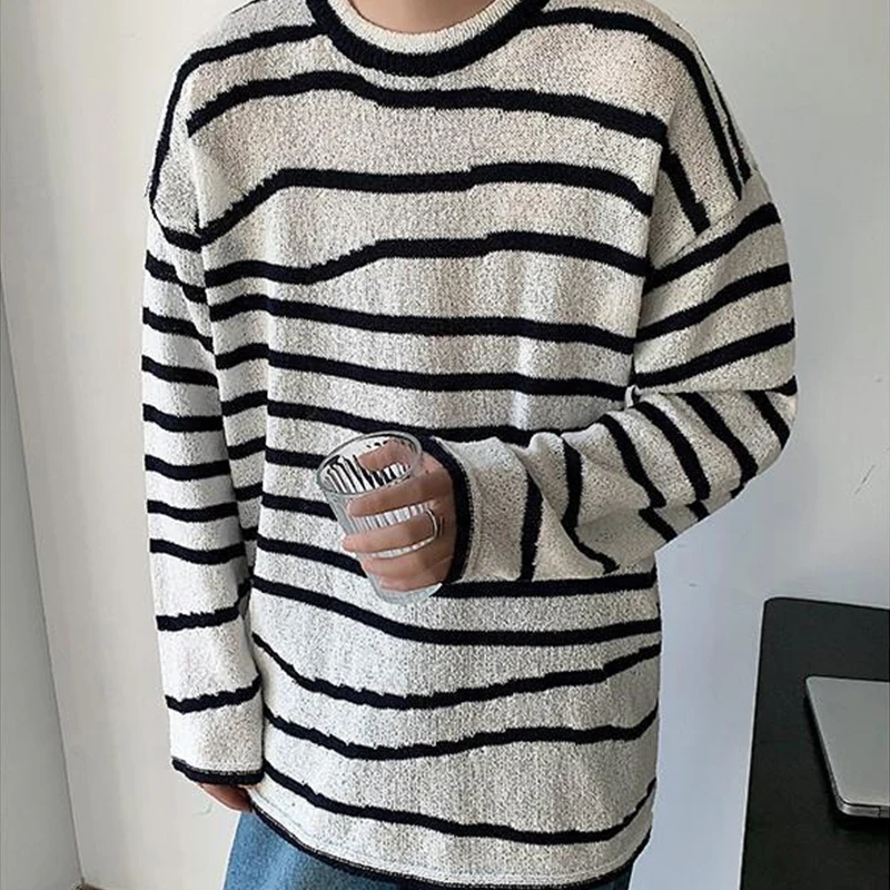 Thin Breathable Spring Autumn Striped Print Men Long Sleeve Irregular Sweater Fashion All-match Harajuku Oversized Pullover Tops