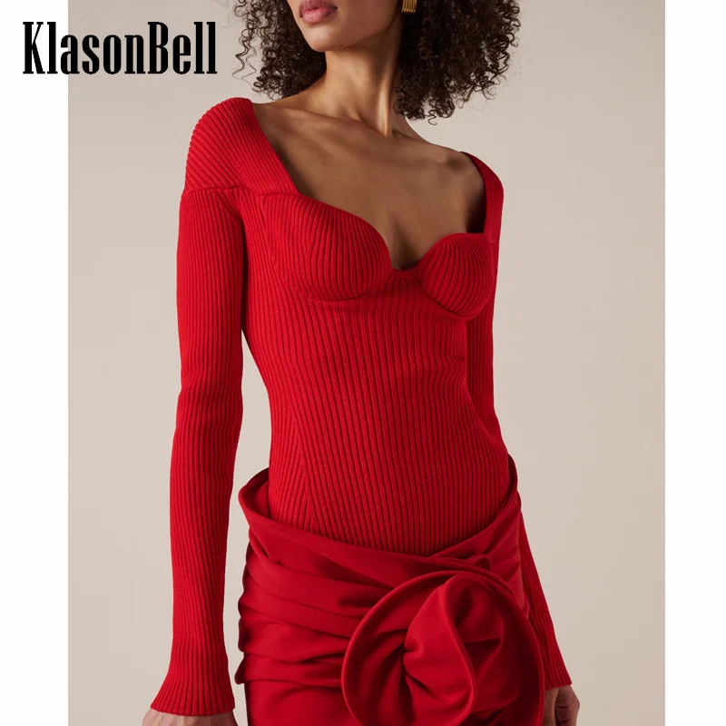 11.28 KlasonBell Ribbed Stretch Knit Sexy Off-Shoulder Long Sleeve Knitwear Fashion All-match Collect Waist Short Sweater Women